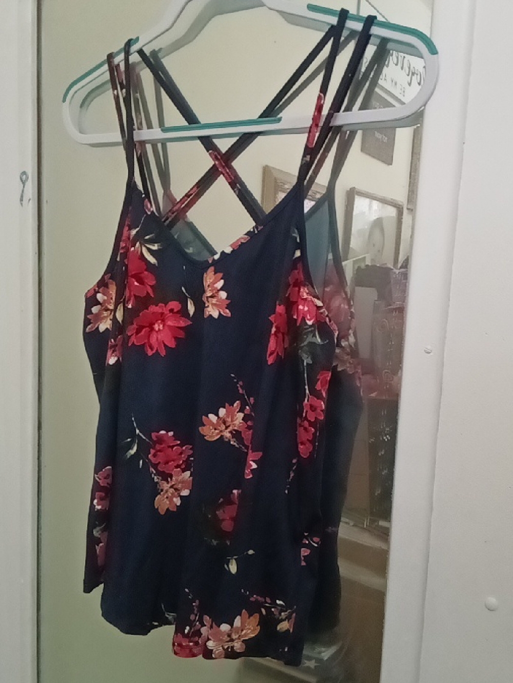 Women's Floral Crisscross Strappy Cami Top - Navy with Red Flowers